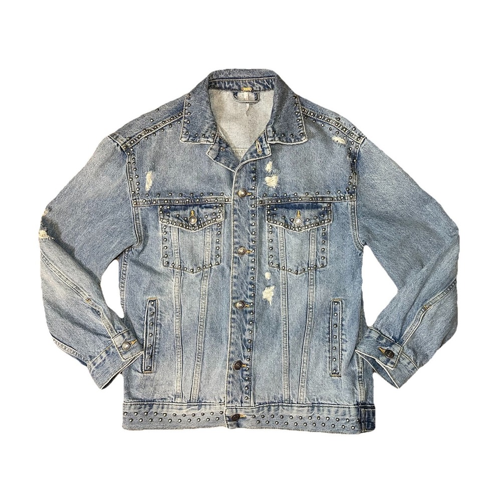 Free People Women's XS Blue Jean Jacket Distressed Studded‎ Trucker Oversized